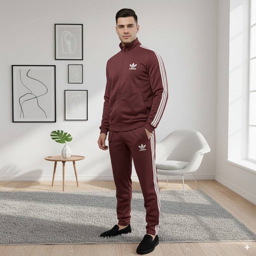 Premium Adi Zipper Tracksuit (Swiss Fabric) | Maroon