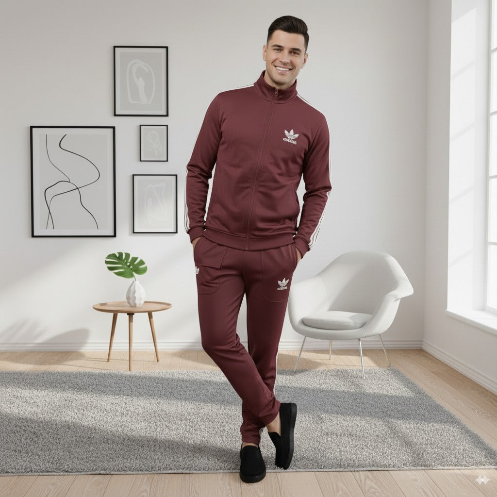 Premium Adi Zipper Tracksuit (Swiss Fabric) | Maroon