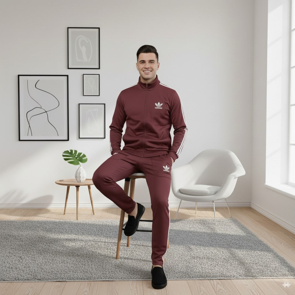 Premium Adi Zipper Tracksuit (Swiss Fabric) | Maroon